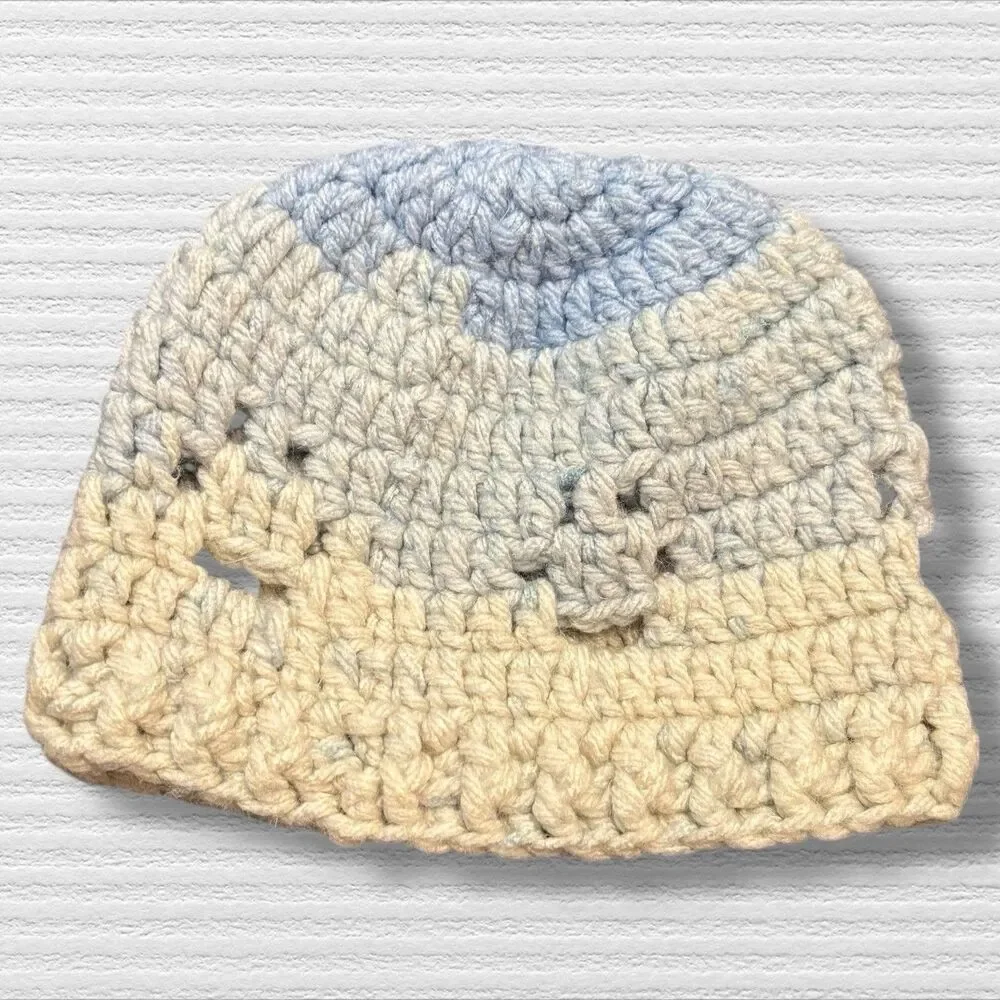 Handmade Crochet Baby Beanie Hat Soft Pastel Blue Cream Knit Cap Infant Newborn